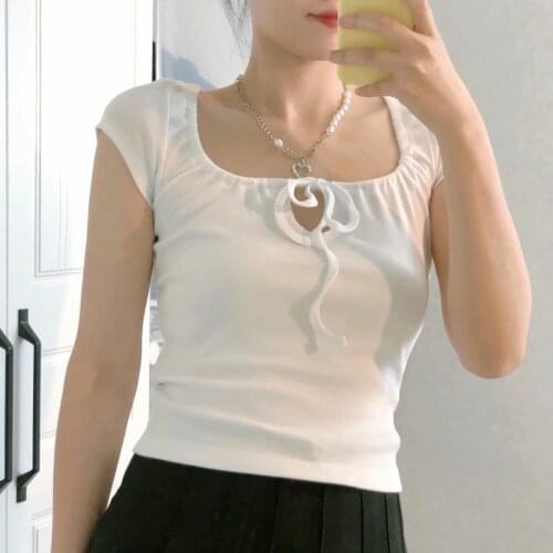 Sweet Women Soft Cotton O Neck T-shirt 2021 Summer Fashion Ladies High Street Bow Lace T-shirt Female Solid Color T-shirt Top