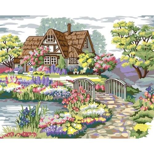 AMTMBS Countryside House Scenery Painting By Numbers Kits Draw On Canvas DIY Frame Pictures By Numbers Home Wall Art Decor