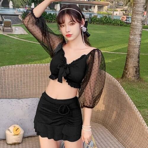 2021 New Korean High Waist Two Pieces Bikini Set Swimsuit Female Women Beachwear Swimwear Bather Bathing Suit Swimskirt