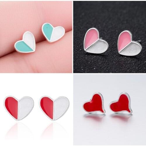 New Hot Silver Color Cute Stud Earrings Fashion 4 color Red Blue Pink Black Love Heart Small Earrings for Women Student Jewelry