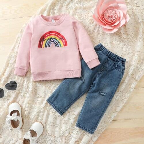 2 Pcs Autumn Outfits Baby Girls Clothes Set Rainbow & Letter Pattern Long Sleeve Round Neck Pullover + Ripped Jeans with Pockets