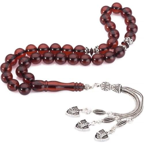 Silver Fire Amber Gemstone Prayer Rosary Men Drop Rosary With Silver Tassel Islamic Tasbih With Ottoman Tughra Model Tassel