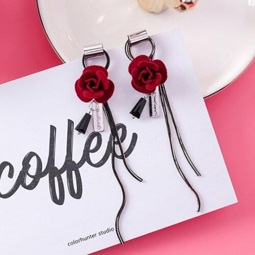 Red Velvet Rose Earrings Korean Fashion Ear Jewelry Simple Tassel Pendant Wild Earrings Long Earrings for Women Wholesale