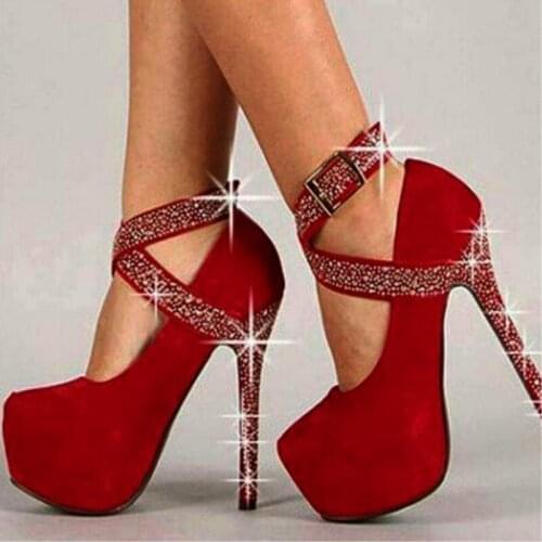 SHOFOO shoes,Elegant fashion womens shoes , suede, diamond decoration, 14.5 cm high-heeled womens shoes, round toe pumps