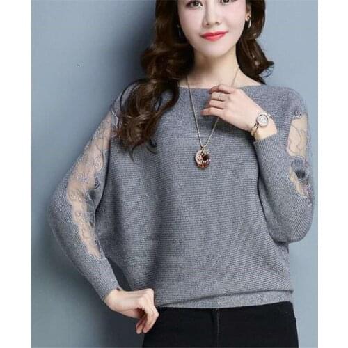 Net yarn knitted Sweater Office ladies Slash-neck Elegant Bat Shirt Lace sleeve Autumn Top Loose Pullover Womens Casual Sweater