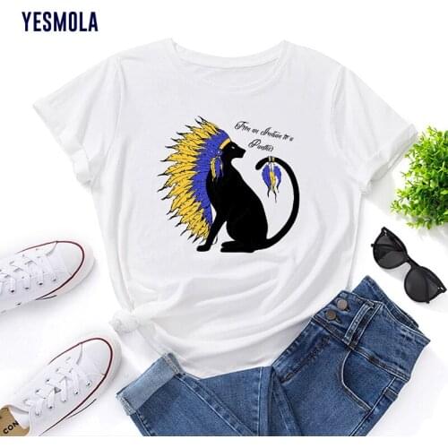 YESMOLA Indian Cat Print Women Tshirt 100% Cotton Casual Round Collar Short Sleeve T-shirts Oversized Tees Loose Top S-5xl