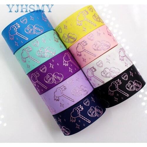 YJHSMY G-18808-892 25 mm 10 yards Laser silver love printed grosgrain ribbon DIY headdress wedding gift packaging material