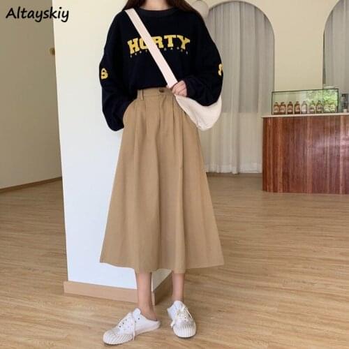 Folds Skirts Women A-line Khaki Fashion Harajuku Faldas Pure Color Simple De Mda Korean Clothing Female Summer Medieval College