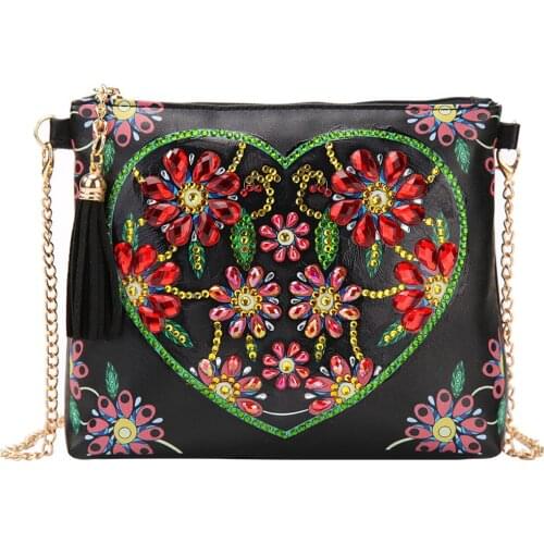 Leather Flower Shoulder Bag Special Shaped Diamond Painting Heart-shaped Tassel Women Clutch Bag Diamond Mosaic Gift for Lady