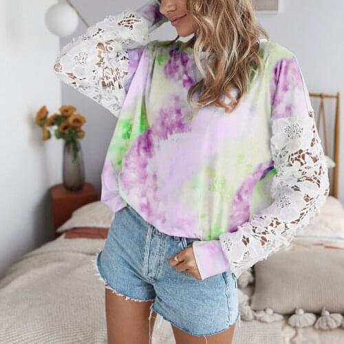 Women Crochet Floral Lace Patchwork Long Sleeve T-Shirt O-Neck Colorful Tie-Dye Sweatshirt Loose Hollow Pullover Tops