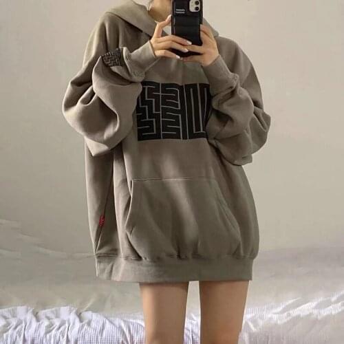 Fried Street Cotton Sweater Womens Long Sleeve Hooded Autumn 2021 All-match Personality Printed Student Loose Top Thin Jacket