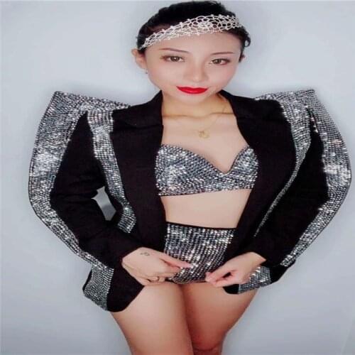 E92 Singer stage performance women suit dj dress party bodysuit bra show wears pole dance costume dancer Rhinestone ds shorts