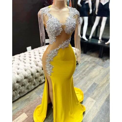 Yellow Prom Dresses Mermaid One-shoulder Long Sleeves Appliques Beaded Slit Sexy Long Prom Gown Evening Dresses Robe De Soiree