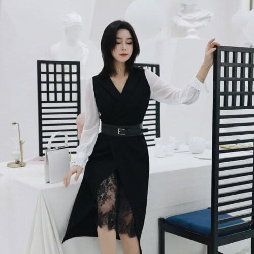 Plus Size 2020 Autumn Black Blazer Dress Women Lace Patchwork Corset Midi Dress Women with Sashes Casual Work Office Dress Women