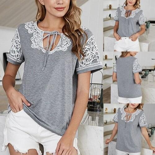 Womens Round Neck Summer Lace Stitching Straps Bowknot Home Casual Short-Sleeved T-Shirt