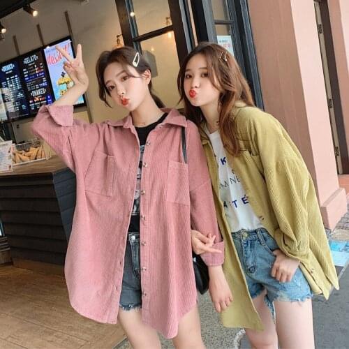 2019 Spring New Retro Long Sleeve Student Single Row Buttons Waist Loose Solid Color Long Corduroy Thin Coat Tops Female