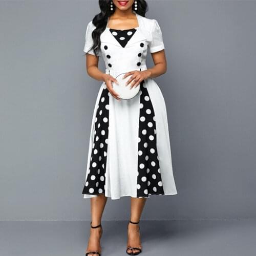MISSJOY Summer Vintage 50S Dress Women 2020 Elegant Party Patchwork Ladies Printed Dot Short Sleeve White A-Line Female Clothing
