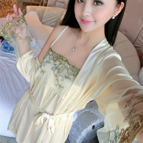 3 PCS Ladies Spring Autumn Satin Ice Silk Sleepwear Lingerie Set Sexy Nightdress Lace Spaghetti Homewear Nightwear