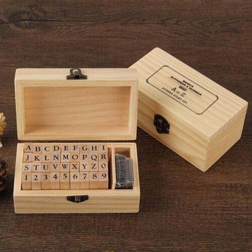 36Pcs/Set DIY Number Alphabet Combination Letter Stamp Diary Ablum Wedding Letter Wood Rubber Stamp Set Vintage Wooden Box Gift