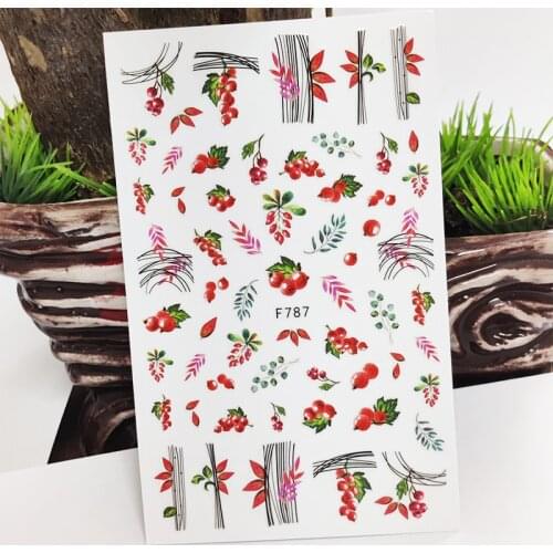3D Nail Stickers Red Fruit Lovely Line Grass Stickers for Nails Autumn Design Stickers for Manicure Decal Nail Art Decoration