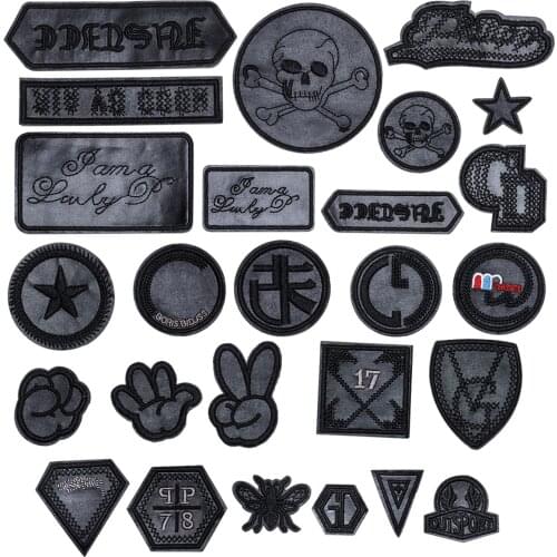 Embroidery Black PU Leather Iron On Patches Yeah Star Stripe Stickers Embroidered for Clothes Shoes Pants Bags Appliques Badge