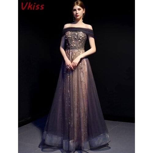 Off Shoulder Gray Boat Neck Sequins Tulle Long Maxi Prom Dresses Sexy Elegant Formal Party Robe De Soiree Vestidos Evening Gowns