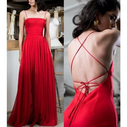 A-Line Long Chiffon Prom Dresses with Pockets Criss Corss Back Robe De Soiree Floor Length Red Formal Party Gown for Women