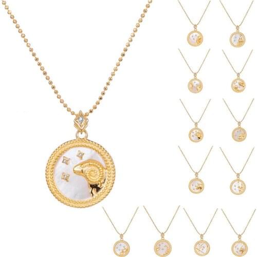 DOYUBO Classical Gold Color Pure Silver Twelve Constellations Pendant Necklace Lady Silver Round Shell Charm Birthday Gift VA306