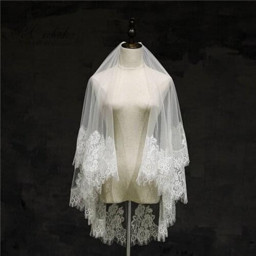 PEORCHID 2 Layers Short Wedding Bride Veil With Comb Lace Edge Ivory Voile Blanc Mariage Bridal Headpiece Accessories