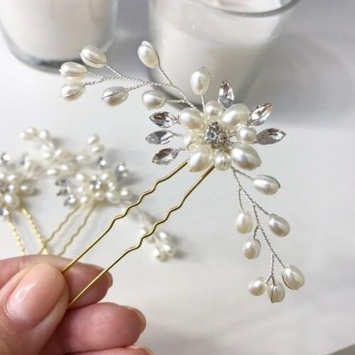 Elegant Vintage Metal Gold Wire Bridal Tiaras Pearl Crystal Hair Pins Flower Hair Clip Hair Accessories Wedding Jewelry