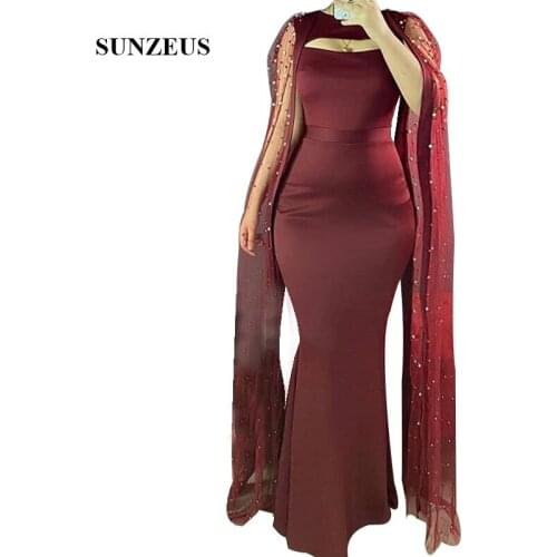 Elegant Arabic Women Party Dress For Wedding Burgundy Satin Mother Of The Bride Dresses With Pearls Sleeves Long Guest Gowns