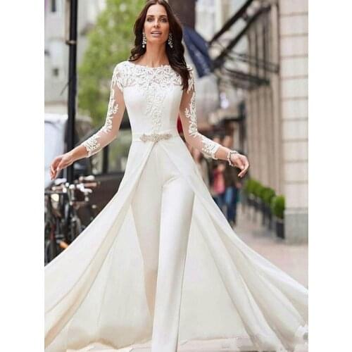 Elegant Long Sleeves Lace 2020 Wedding Dresses Jumpsuit Chiffon Applique Ruched Sweep Train Wedding Bridal Gowns robe de mariée