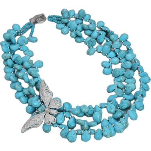 GG Jewelry 19" 3 Strands Blue Turquoise Stone Necklace CZ Pave Butterfly Connector