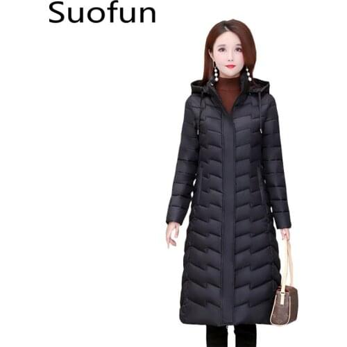 Suofun Long Large Sizes New Black Winter Big Pockets Hooded Thick Women Coats Jackets Windproof Jacket Cotton Padded Outerwears