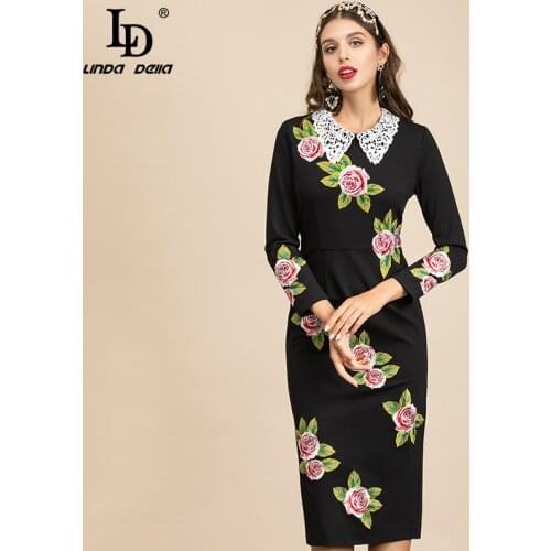 LD LINDA DELLA Spring Designer Elegant Party Dress Women Long sleeve Flowers Embroidered Beading Vintage Black Pencil Midi Dress