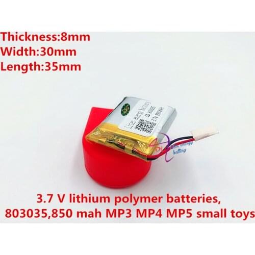 2pcs 3.7 V lithium polymer batteries, 803035, 850 mah MP3 MP4 MP5 batteries