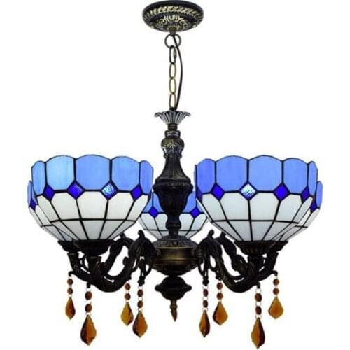5 Heads Mediterranean Sea Tiffany Suspension for Foyer Dining Room Restaurant Bar European Blue White Glass Pendant Light 1198