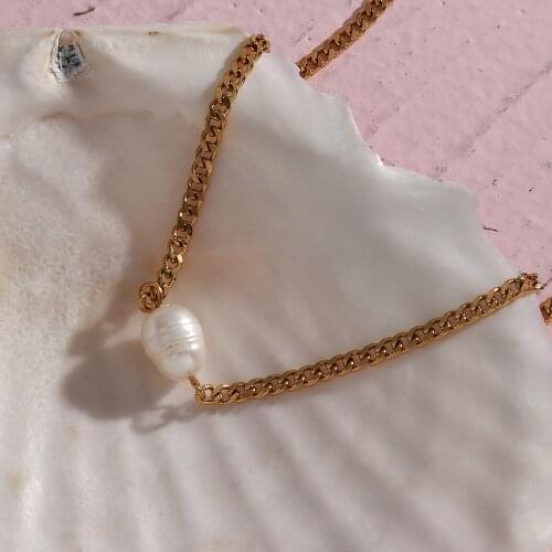 2021 New Minimalist Natural Freshwater Pearl Pendant Cuban Link Chain Choker Necklace Stainless Steel Gold Chain Necklace