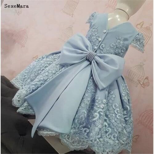 New Blue Infant Kids First Birthday Dresses Lace Applique Bow Little Girls Pageant Gown Party Dress with Cap Sleeves