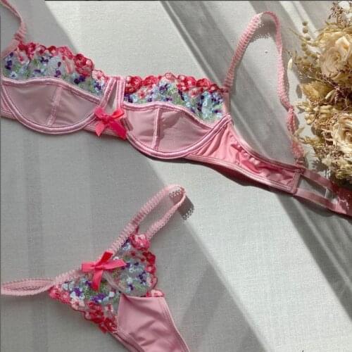 New Sexy Underwear Set Lace Flower Embroidered Underwire Women Push Up Bra Set Mesh See-through Thin Thong Sex Lingerie Set