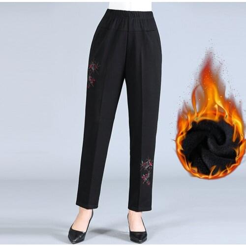 2020 Autumn Winter Women Warm Velvet Thick Trousers High Waist Elastic Middle Aged Mother Embroidery Straight Pants Plus Size