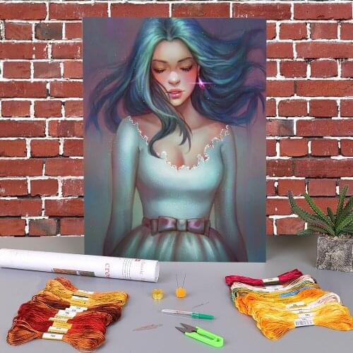 Cartoon Girl Woman Printed Water-Soluble Canvas 11CT Cross-Stitch Full Kit DIY Embroidery DMC Threads Handicraft Craft