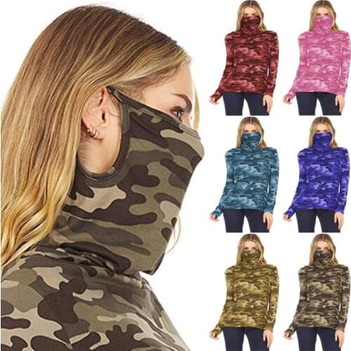 Plus Size Camouflage Print Long Sleeve T-shirt Top Multifunctional Dust Mask Turtleneck Casual Loose T-shirt Pullover Streetwear