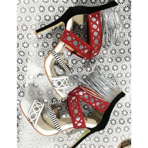 Summer Women Circle Cut Out Sandals Striped T-Straps Patched Peep Toe Female Thin High Heel Gladiator Zipper Back Party Shoes