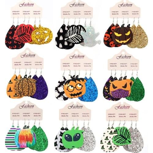 3 Pairs Pumpkin Print PU Leather Earring Set Halloween Earrings Exaggerated Bat Alien Printing Funny Drop Earrings Gift Jewelry