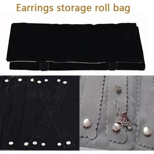 Jewelry Roll Bag Black Velvet Jewelry Display Storage Bag 60 pairs Stud Earrings Roll Organizer Cases