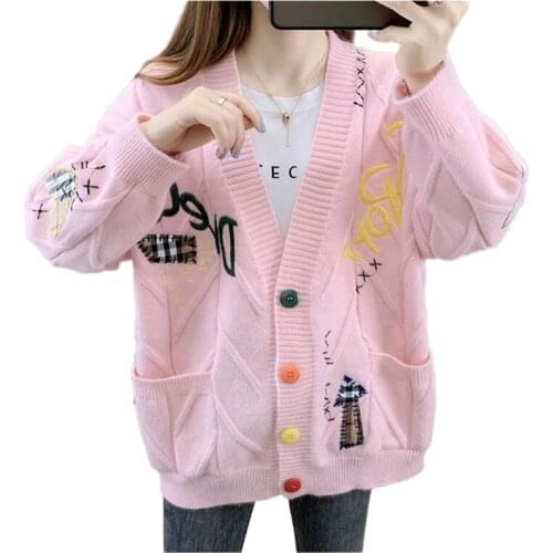 New Autumn Winter Women Lady Loose Sweaters Cardigan Warm Knitted Sweater Jacket Pocket Embroidery Fashion Knit Cardigans Coat