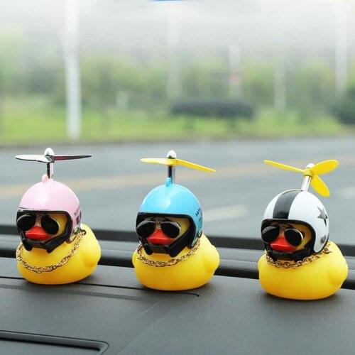 Cute Little Yellow Duck With Helmet Propeller Rubber Windbreaker Duck Squeeze Sound Internal Car Decoration Ornaments Accessorie
