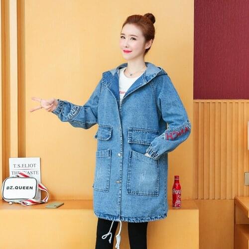 New Spring Autumn Women Coats Plus Size Letter Casual Loose Hooded Long Sleeve Hole Jeans Coat For Females Denim Outerwear Coats