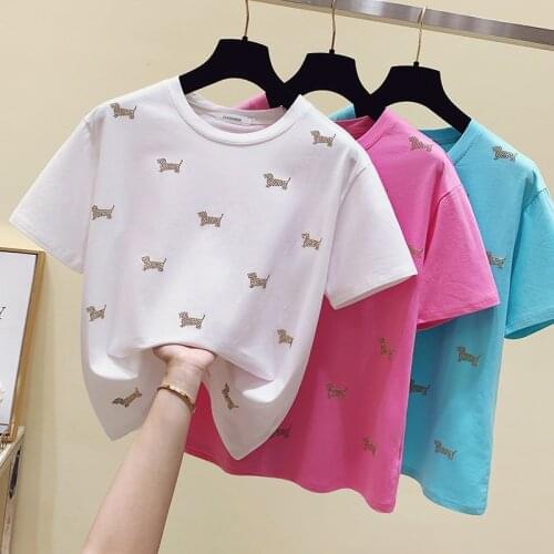 Gkfnmt Summer Tops Woman T-shirt Diamond Short Sleeve Tshirt Women Clothing Blue Tee Shirt Pink Kawaii Clothes Cotton New 2021